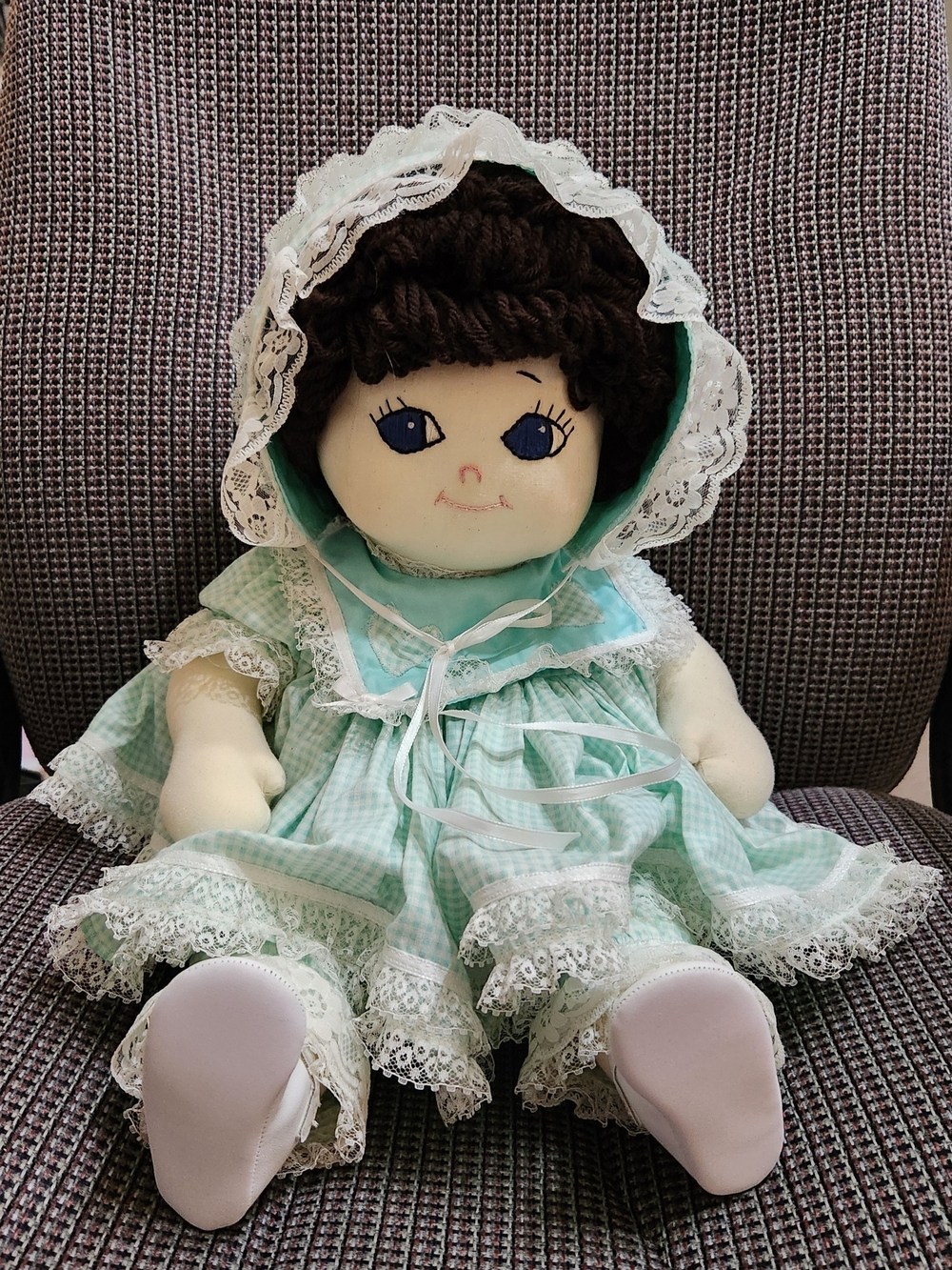 Handmade Mint Green Lace Rag Doll with Dark Brown Hair, 22 Inches Tall
